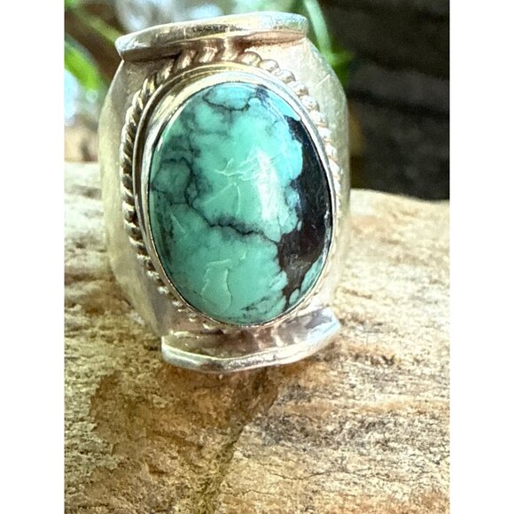 Sterling Silver & Turquoise Ring Size 9 Chunky Thick Design - Picture 1 of 8